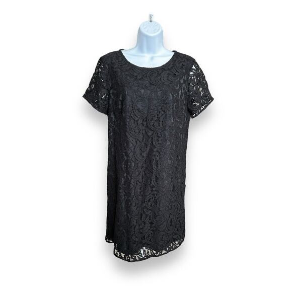 New Ann Taylor Petite Black Short Sleeve Lace Sheath Dress Lined Keyhole NWT 8P - Picture 1 of 5
